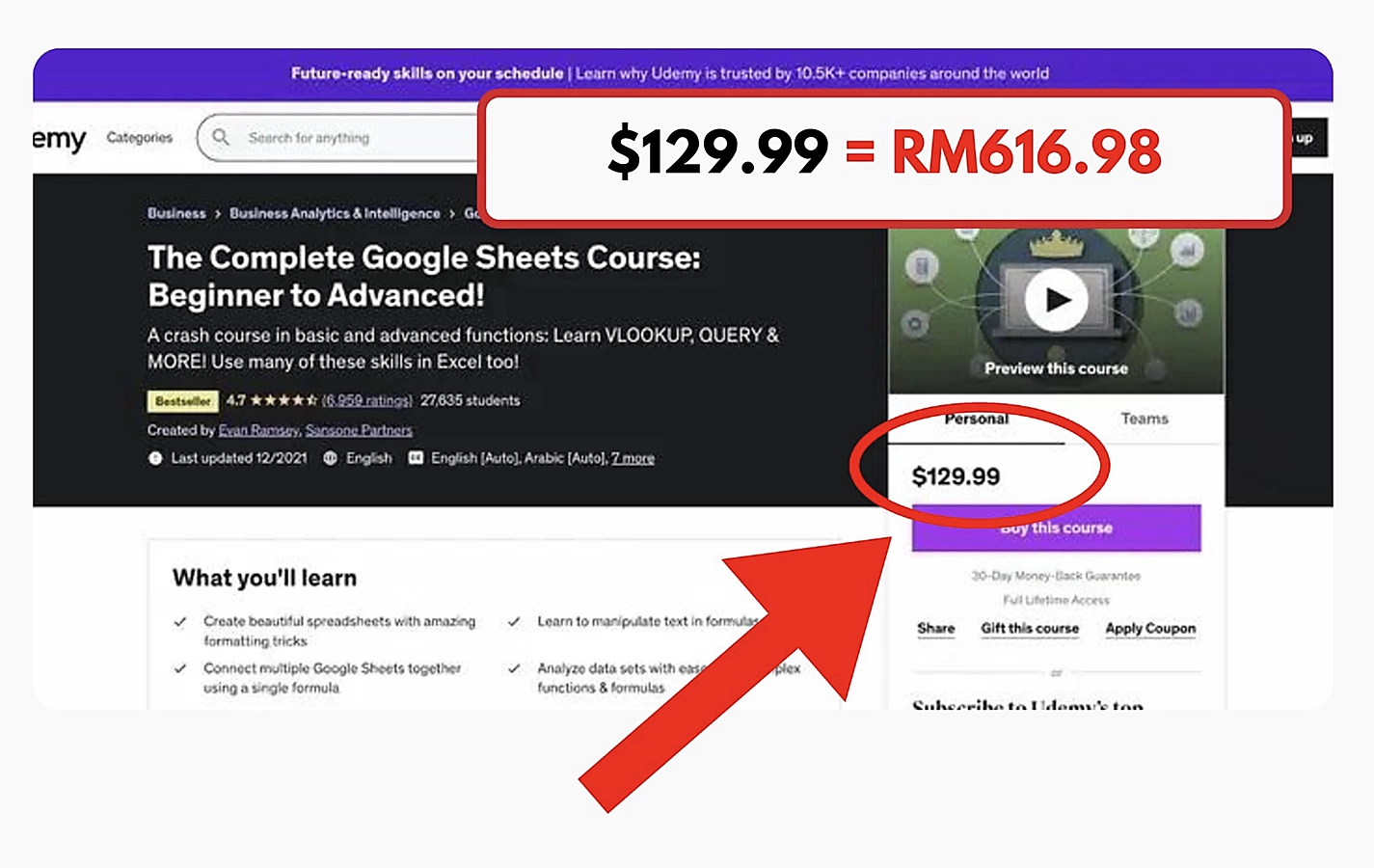 Screenshot Udemy - The Complete Google Sheets Course $129.99 = RM616.98